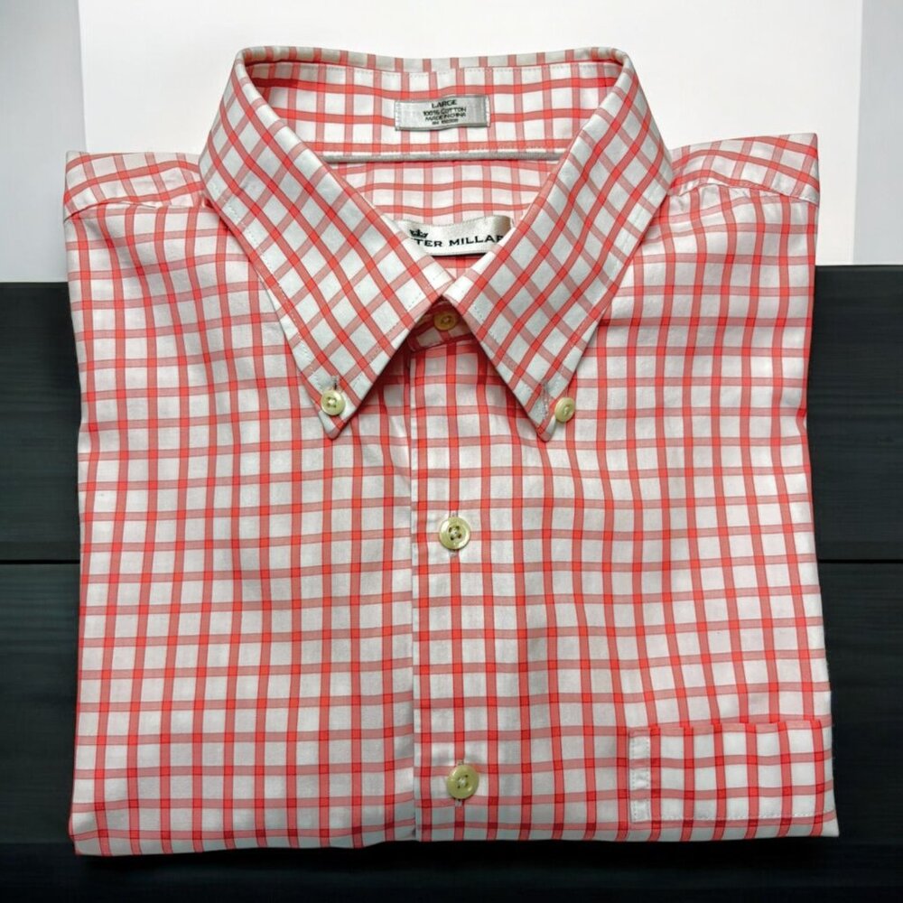 Peter Millar Salmon Windowpane Check Button Collar Long‎ Sleeve Shirt